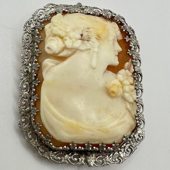 Antique Edwardian 1900s solid 14kt white gold carved shell cameo brooch pendant - Picture 3 of 10